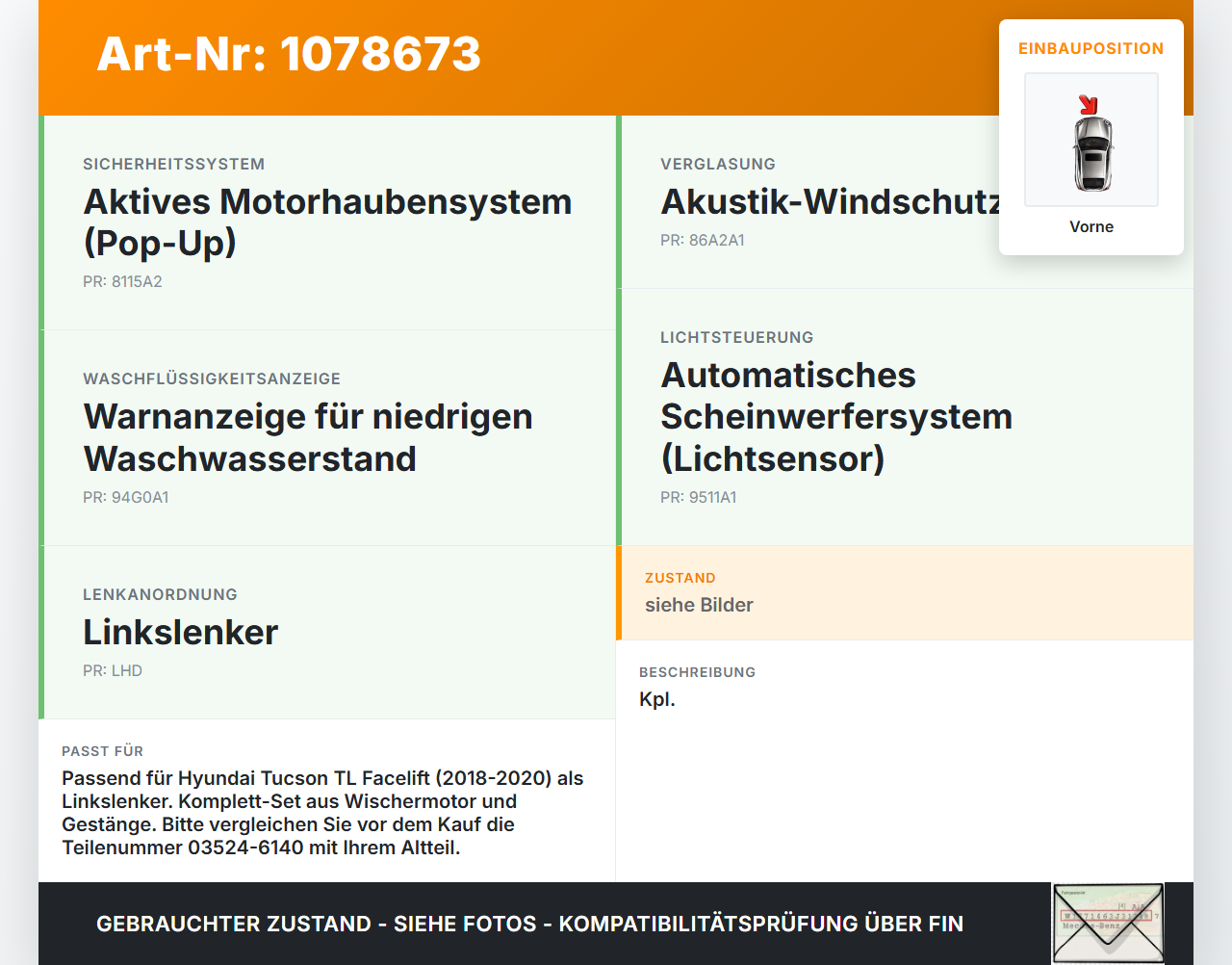 Hyundai Tucson TL 18-20 Wischermotor m. Wischergestänge Vorne Hyundai Tucson TL 18-20 06.11.2019 98100-D3000... Vorschau 3