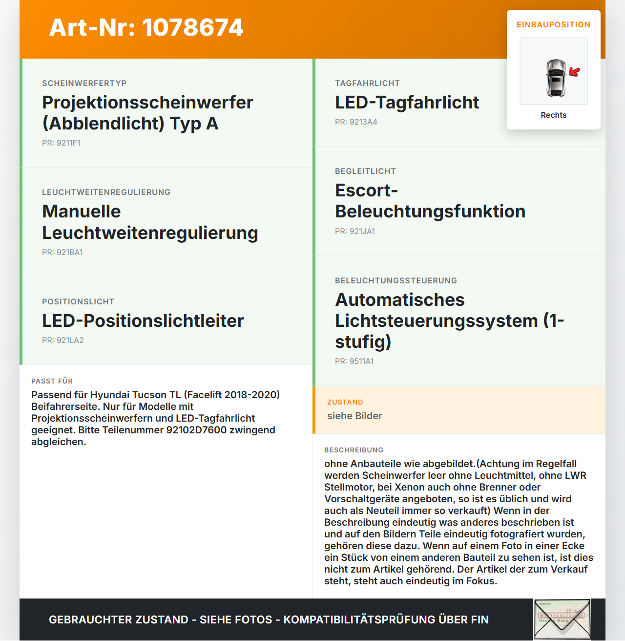 Hyundai Tucson TL 18-20 Scheinwerfer Frontscheinwerfer Rechts orig. Hyundai Tucson TL 18-20 06.11.2019 D792111A20... Vorschau 3