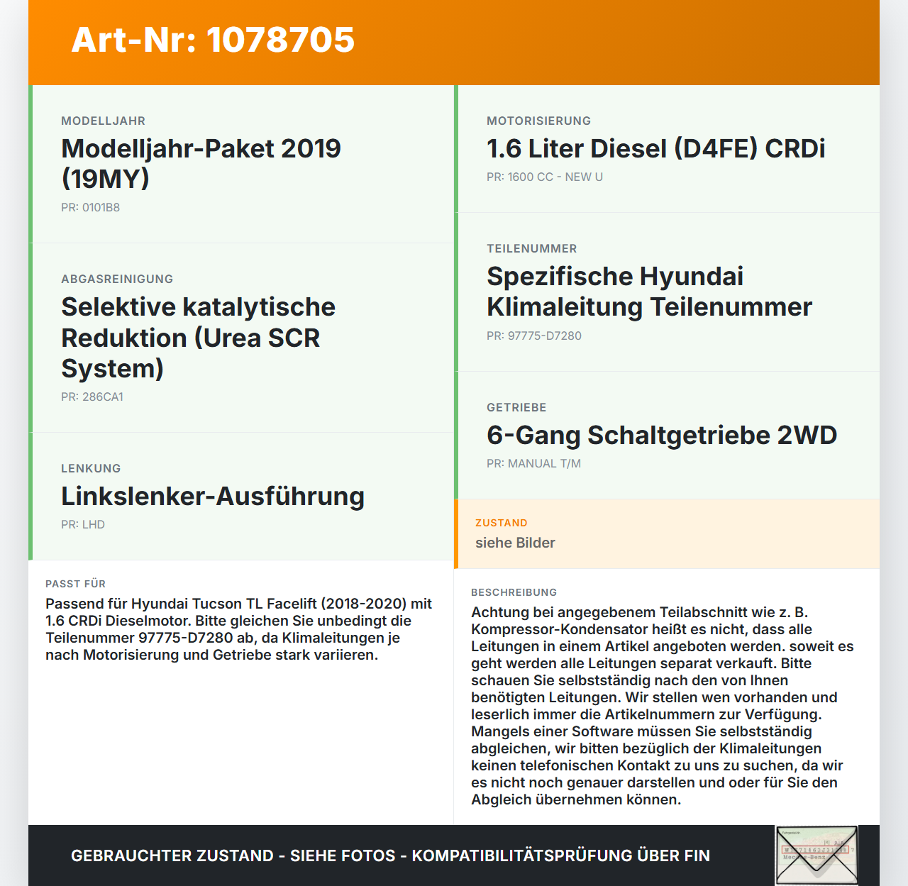 Hyundai Tucson TL 18-20 CRDi 1,6 100KW Klimaschlauch Klimaleitung Hyundai Tucson TL 18-20 06.11.2019 97775-D7280... Vorschau 3