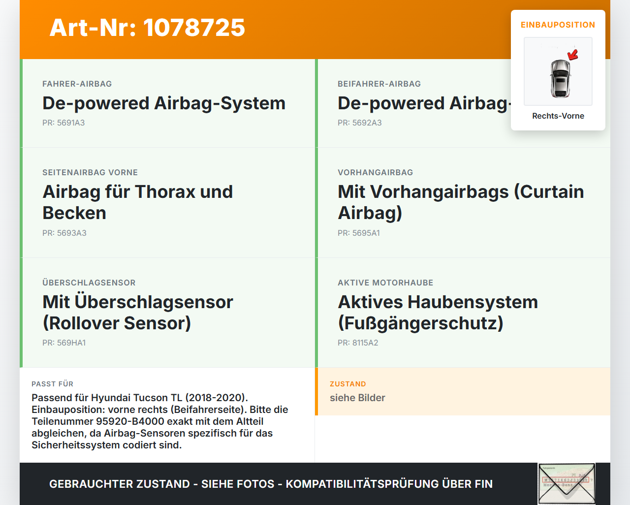 Hyundai Tucson TL 18-20 Airbagsensor Crashsensor Sensor Rechts Vorne Hyundai Tucson TL 18-20 06.11.2019 95920-B4000... Vorschau 3