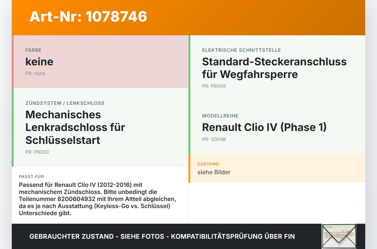 Renault Clio IV BH 12-16 Lenkradschloss Renault Clio IV BH 12-16 23.12.2013 8200604932 B0756C28013H gebraucht Vorschau 3
