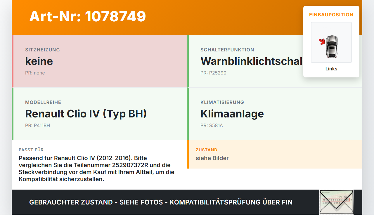 Renault Clio IV BH 12-16 Warnblinkschalter Schalter Renault Clio IV BH 12-16 23.12.2013 252907372R gebraucht Vorschau 3