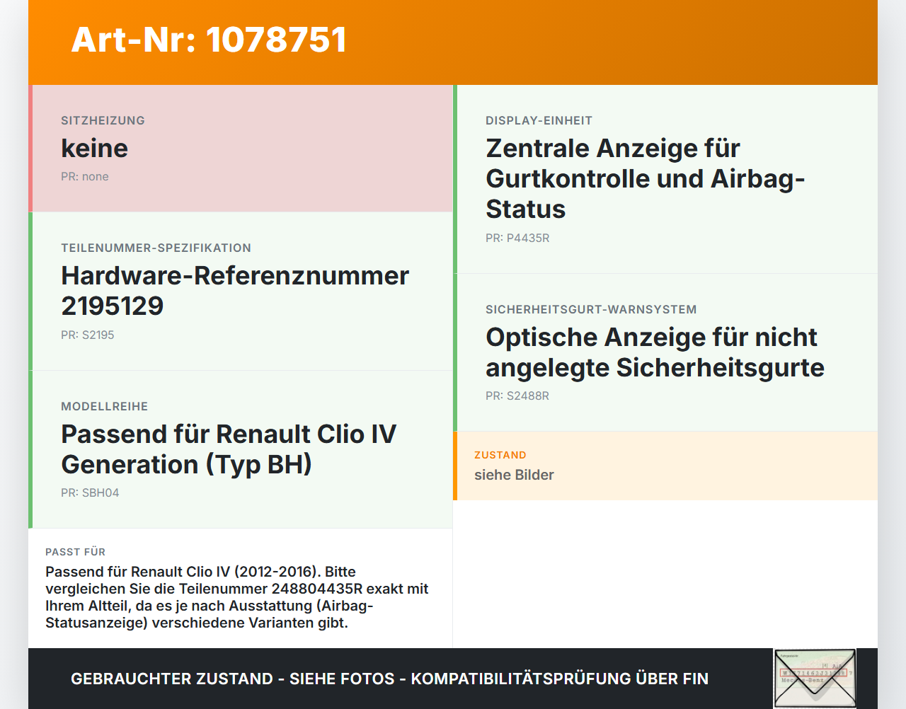 Renault Clio IV BH 12-16 Gurtanzeige Display Monitor Renault Clio IV BH 12-16 23.12.2013 248804435R 2195129 gebraucht Vorschau 3