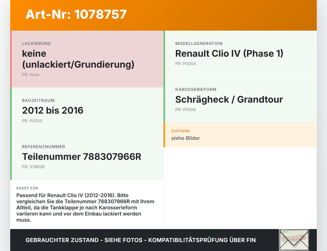 Renault Clio IV BH 12-16 Tankdeckel Tankklappe Renault Clio IV BH 12-16 23.12.2013 788307966R gebraucht Vorschau 3