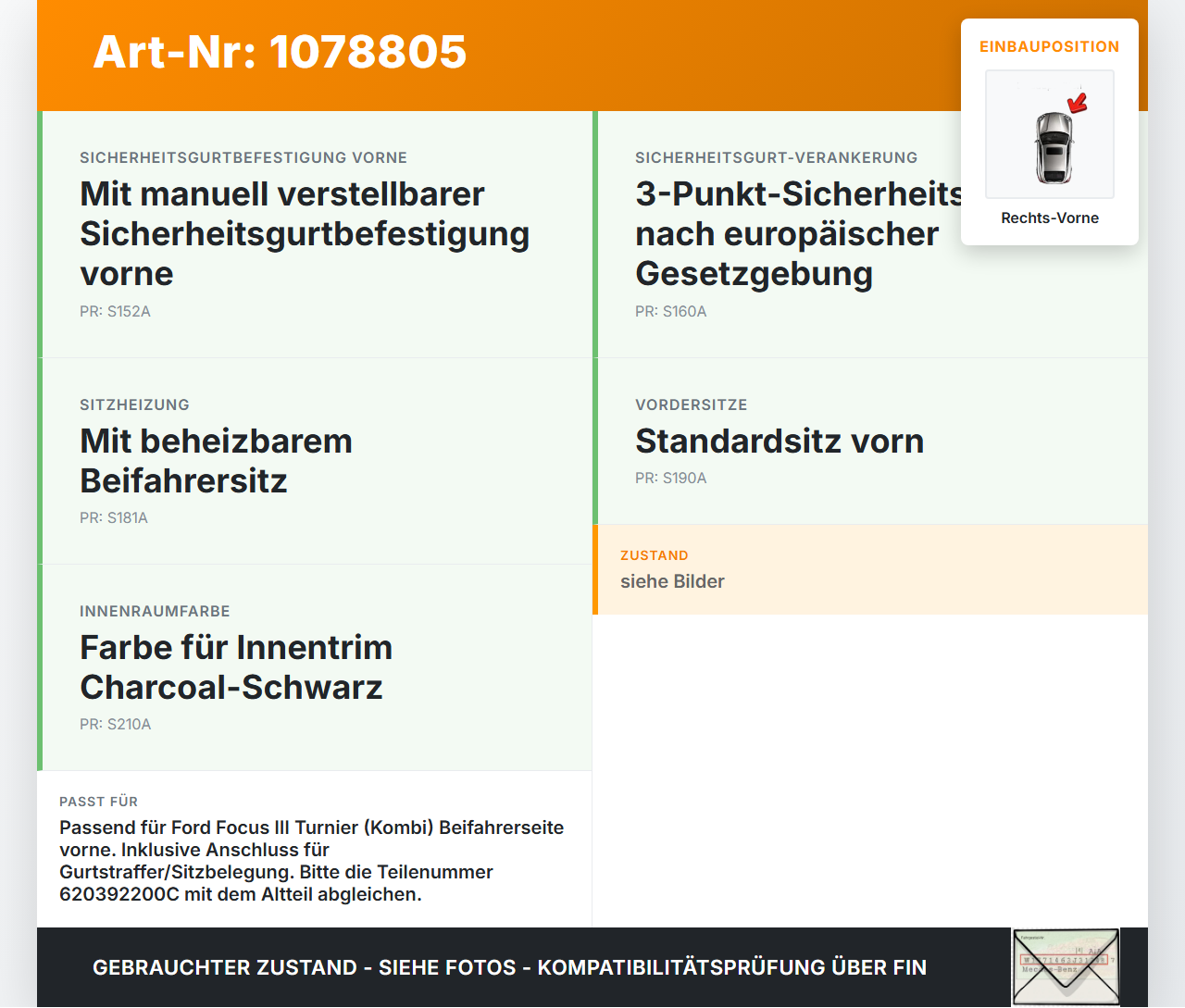 Ford Focus III 11-15 Kombi Gurtschloss Rechts Vorne Ford Focus III 11-15 01.10.2014 BM51-61208-ACW 620392200C gebraucht Vorschau 3