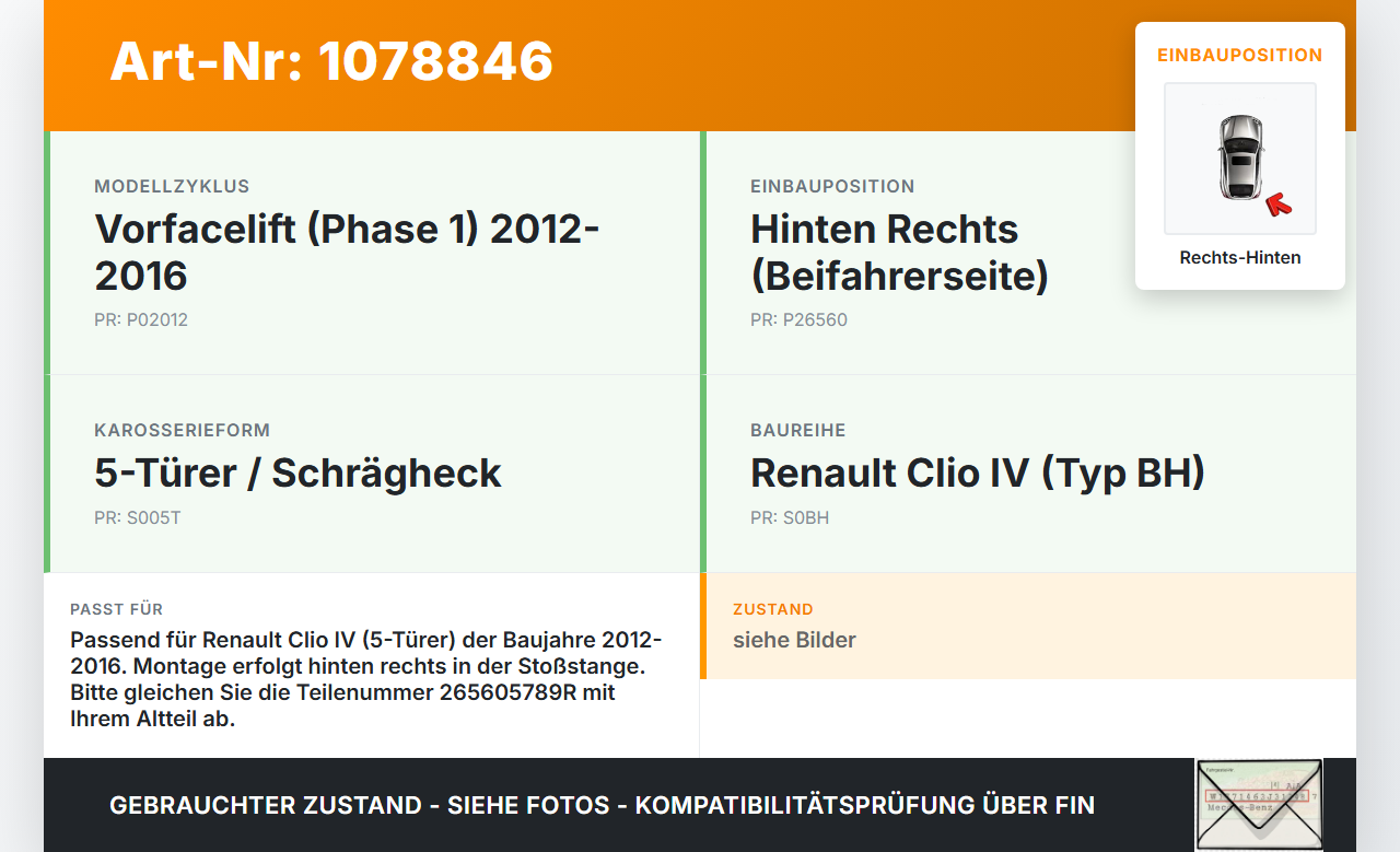 Renault Clio IV BH 12-16 5T Reflektor Rückstrahler für Stoßstange Hinten Rechts Renault Clio IV BH 12-16 23.12.2013... Vorschau 3