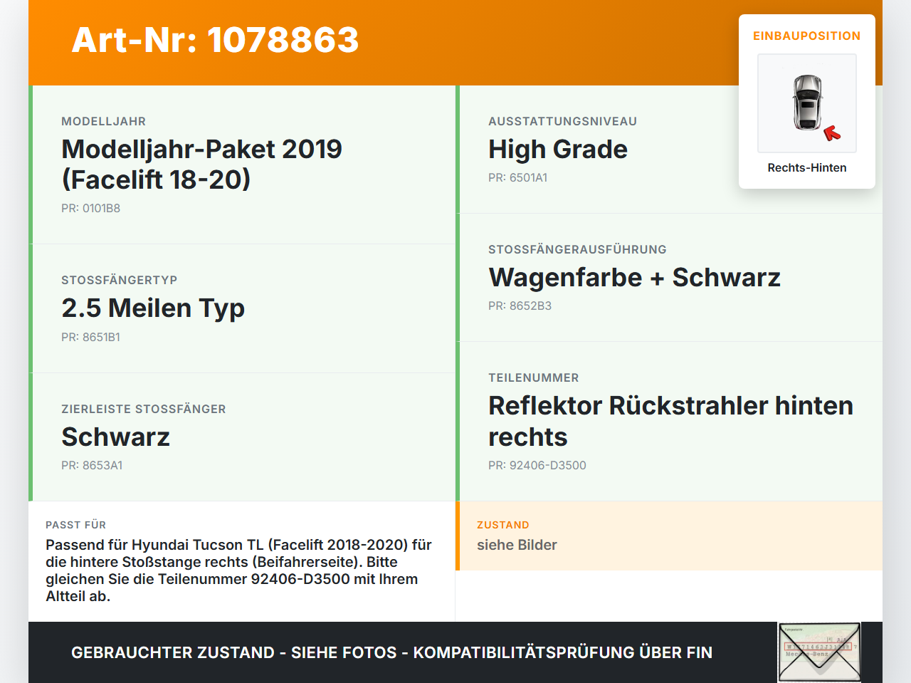 Hyundai Tucson TL 18-20 Reflektor Rückstrahler für Stoßstange Hinten Rechts Hyundai Tucson TL 18-20 06.11.2019... Vorschau 3