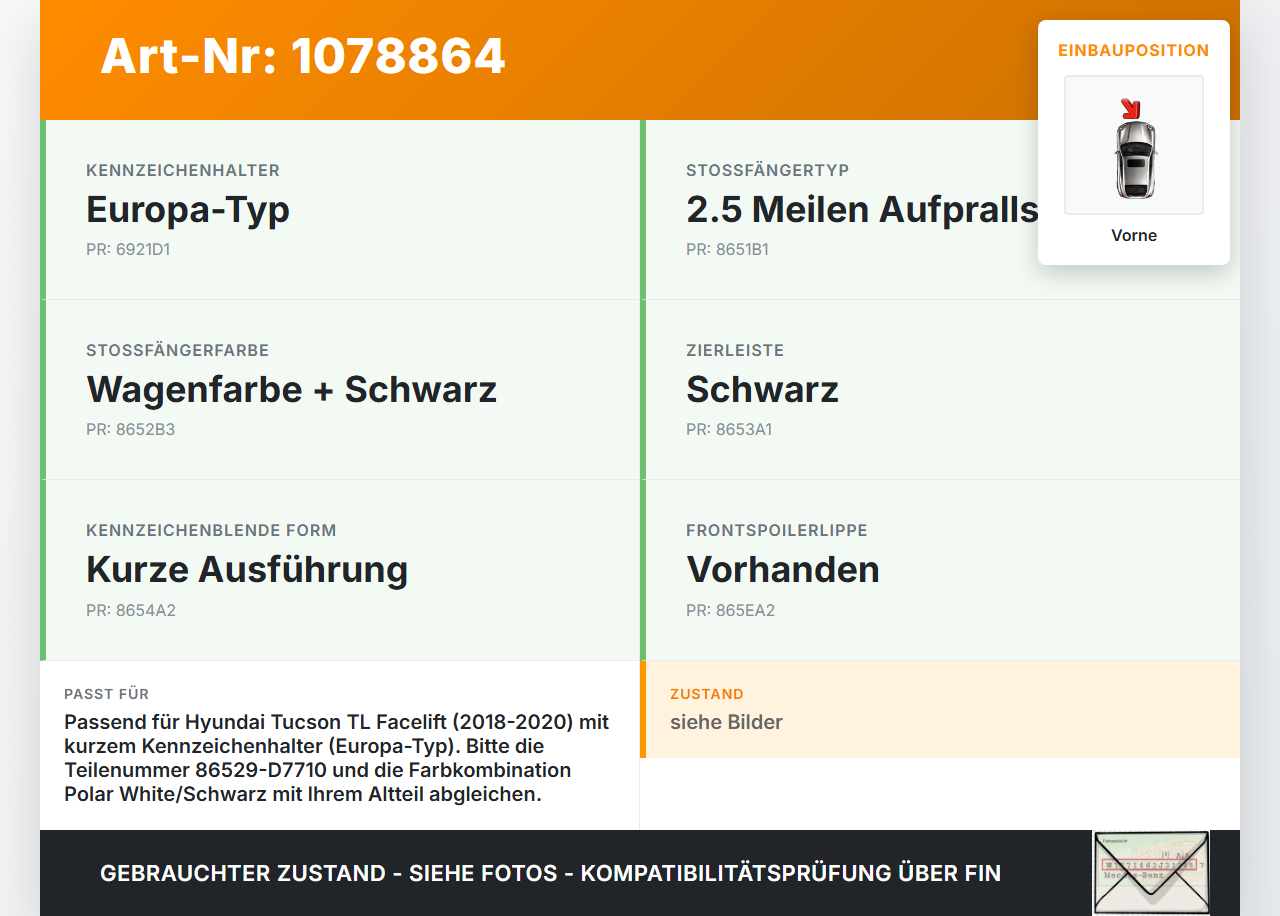 Hyundai Tucson TL 18-20 Kennzeichenblende Vorne Hyundai Tucson TL 18-20 06.11.2019 86529-D7710 gebraucht Vorschau 3