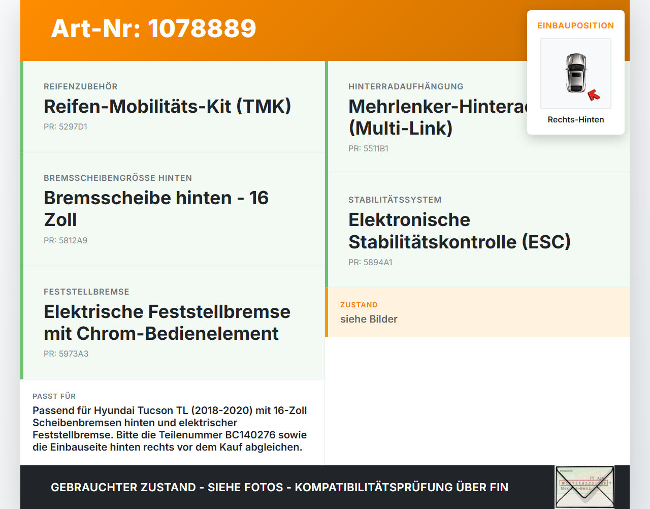 Hyundai Tucson TL 18-20 CRDi 1,6 100KW Bremssattel Bremszange Hinten Rechts Hyundai Tucson TL 18-20 06.11.2019... Vorschau 3