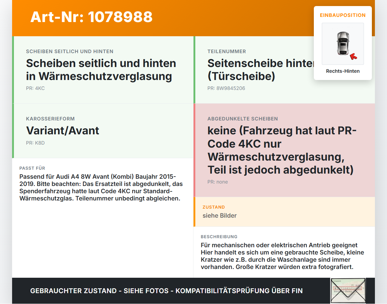 Audi A4 8W 15-19 Kombi Seitenscheibe RHK Türscheibe Rechts Hinten Orig. getönt Audi A4 8W 15-19 27.06.2016... Vorschau 3