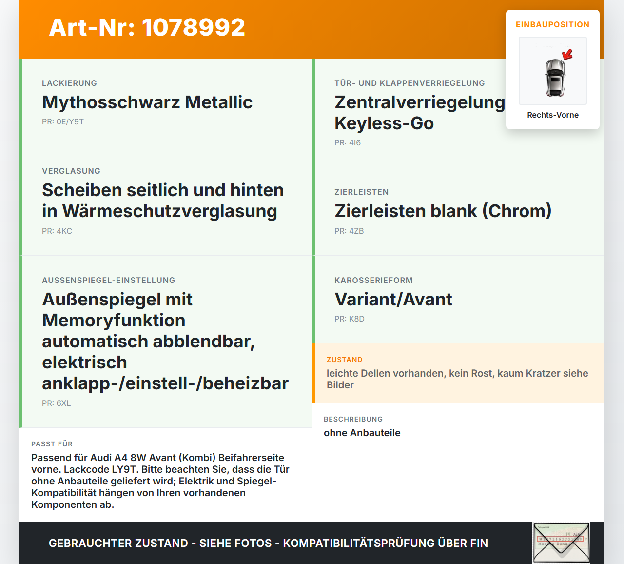 Audi A4 8W 15-19 Kombi Tür Beifahrertür Rechts Vorne LY9T Audi A4 8W 15-19 27.06.2016 gebraucht Vorschau 3