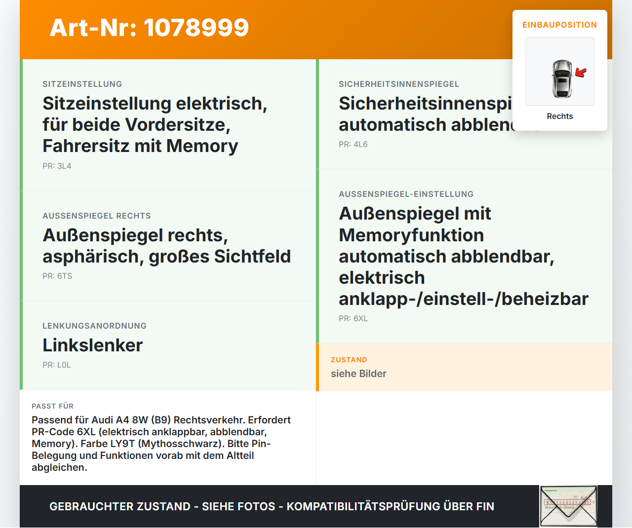 Audi A4 8W 15-19 Spiegel Aussenspiegel Rechts Elektrochrom LY9T Audi A4 8W 15-19 27.06.2016 gebraucht Vorschau 3