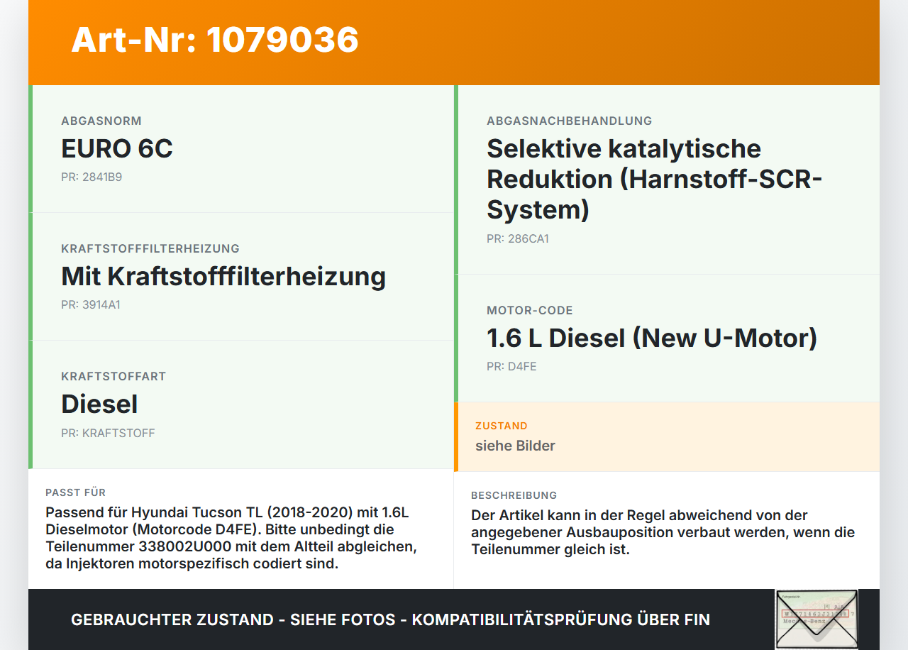 Hyundai Tucson TL 18-20 CRDi 1,6 100KW Injektor Einspritzdüse Zyl.4 Hyundai Tucson TL 18-20 06.11.2019 33800-2U000... Vorschau 3