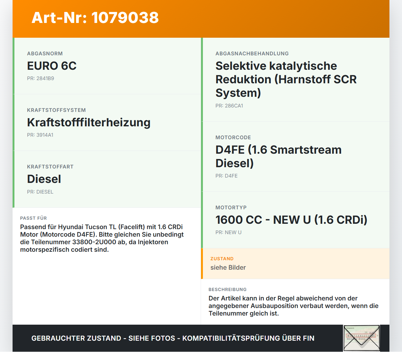 Hyundai Tucson TL 18-20 CRDi 1,6 100KW Injektor Einspritzdüse Zyl.2 Hyundai Tucson TL 18-20 06.11.2019 33800-2U000... Vorschau 3