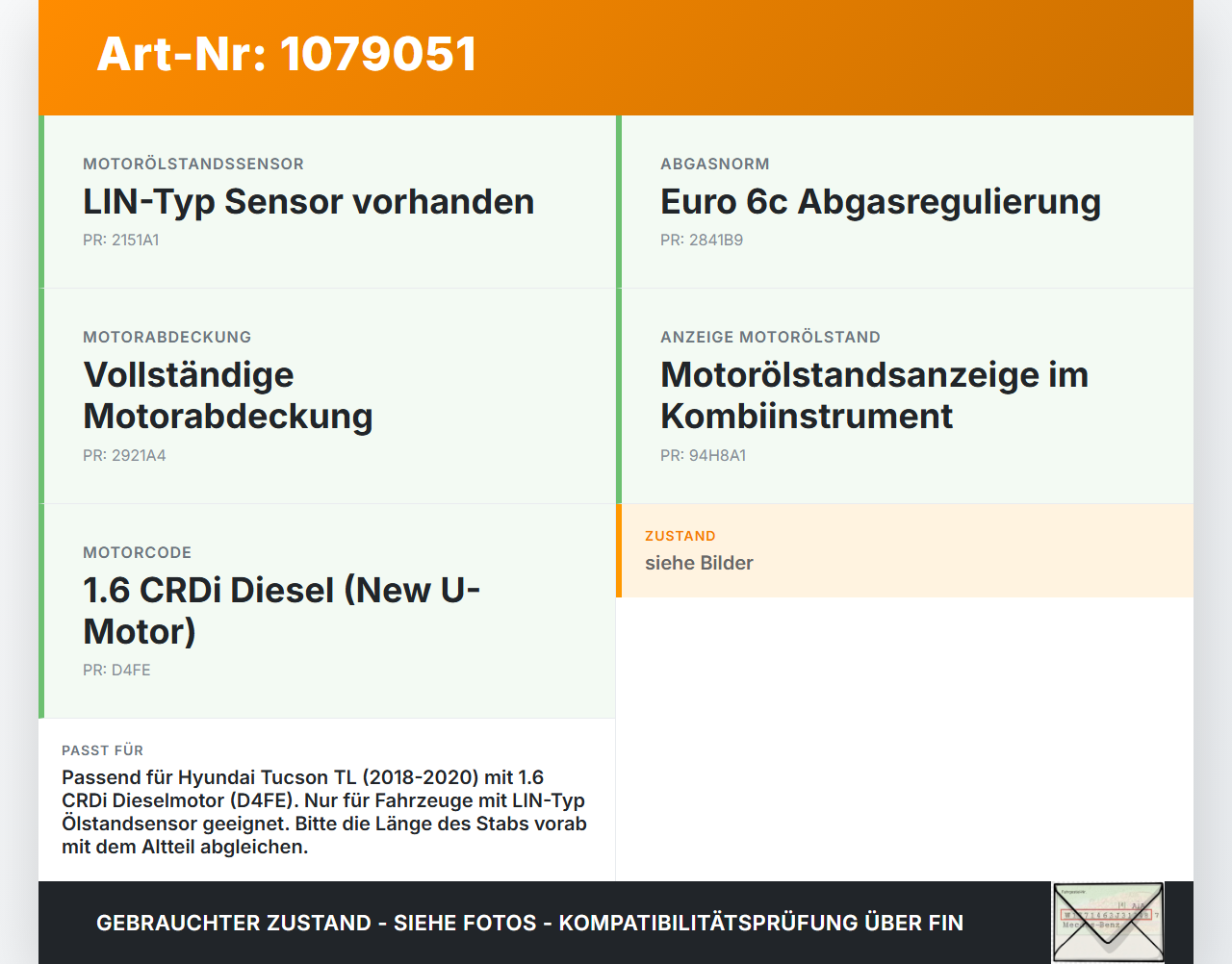 Hyundai Tucson TL 18-20 CRDi 1,6 100KW D4FE Ölmessstab Öl Stab Hyundai Tucson TL 18-20 06.11.2019 gebraucht Vorschau 3