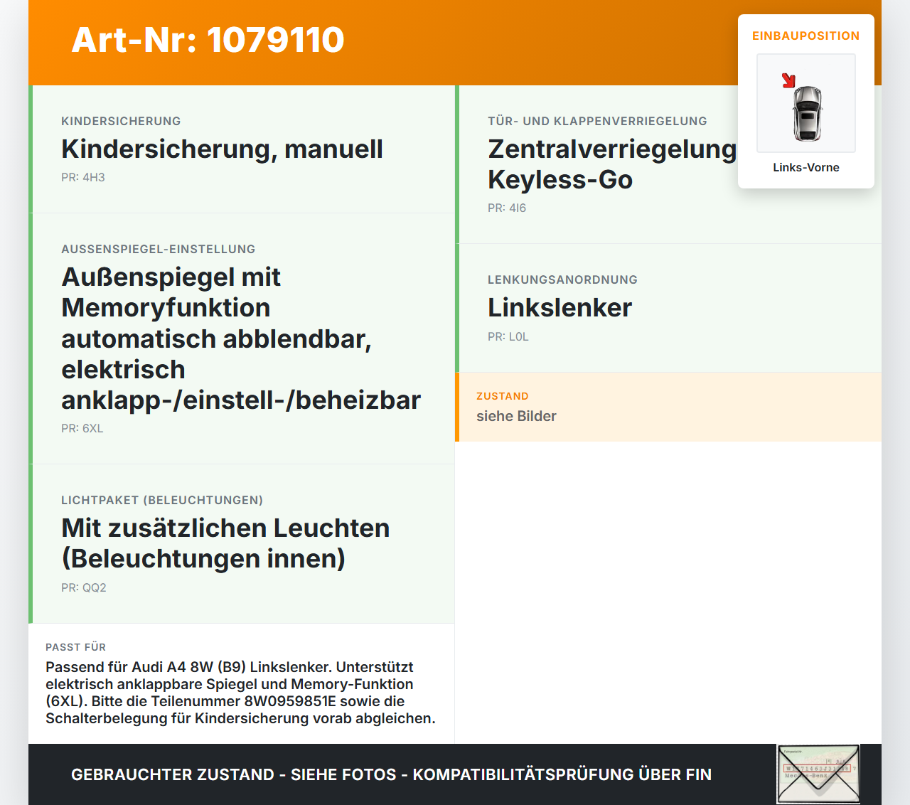 Audi A4 8W 15-19 Kombi Fensterheberschalter Schalter Links Vorne Audi A4 8W 15-19 27.06.2016 8W0959851E gebraucht Vorschau 3