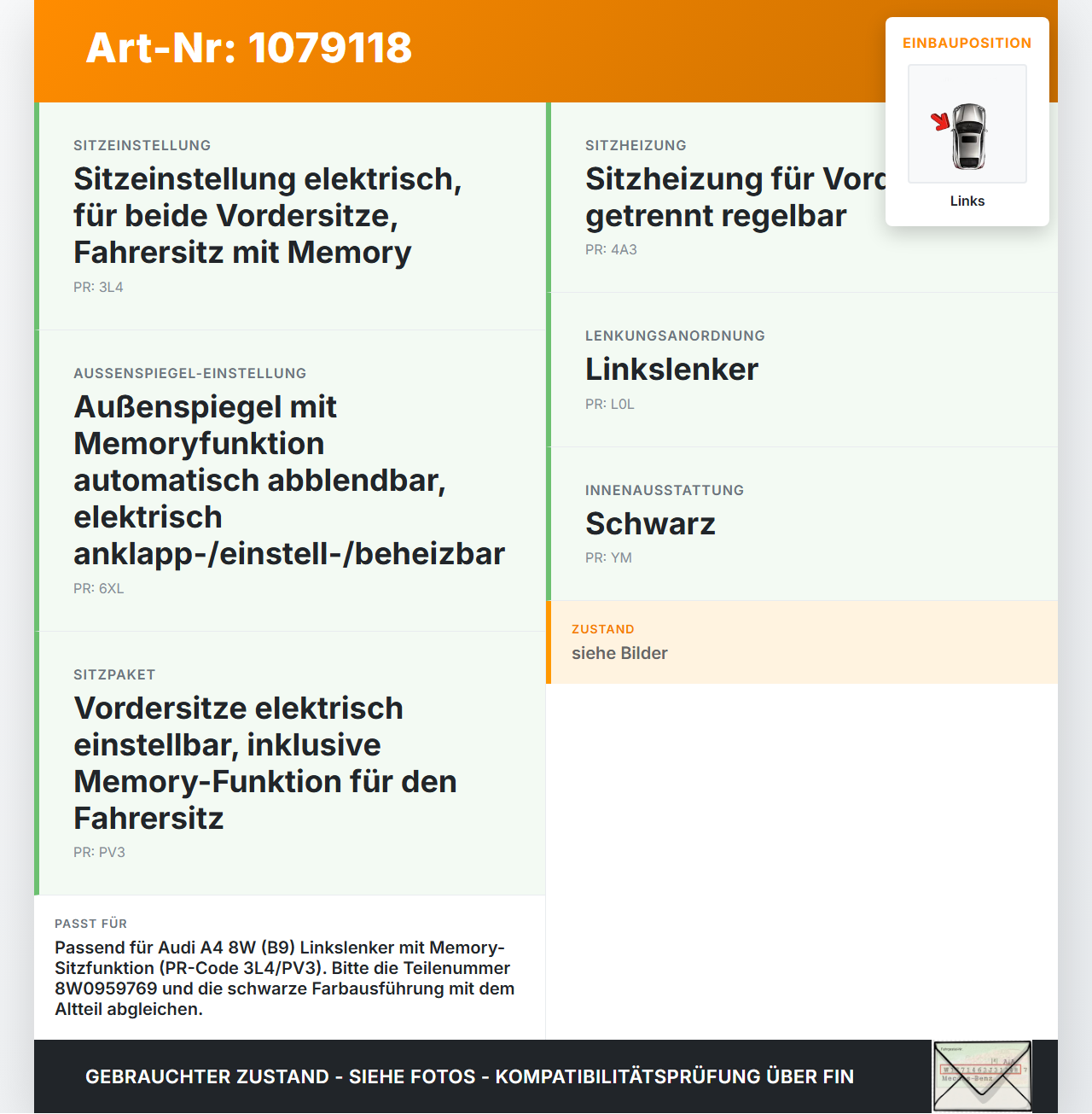 Audi A4 8W 15-19 Schalter Taster Memory für Sitz Links Audi A4 8W 15-19 27.06.2016 8W0959769 gebraucht Vorschau 3