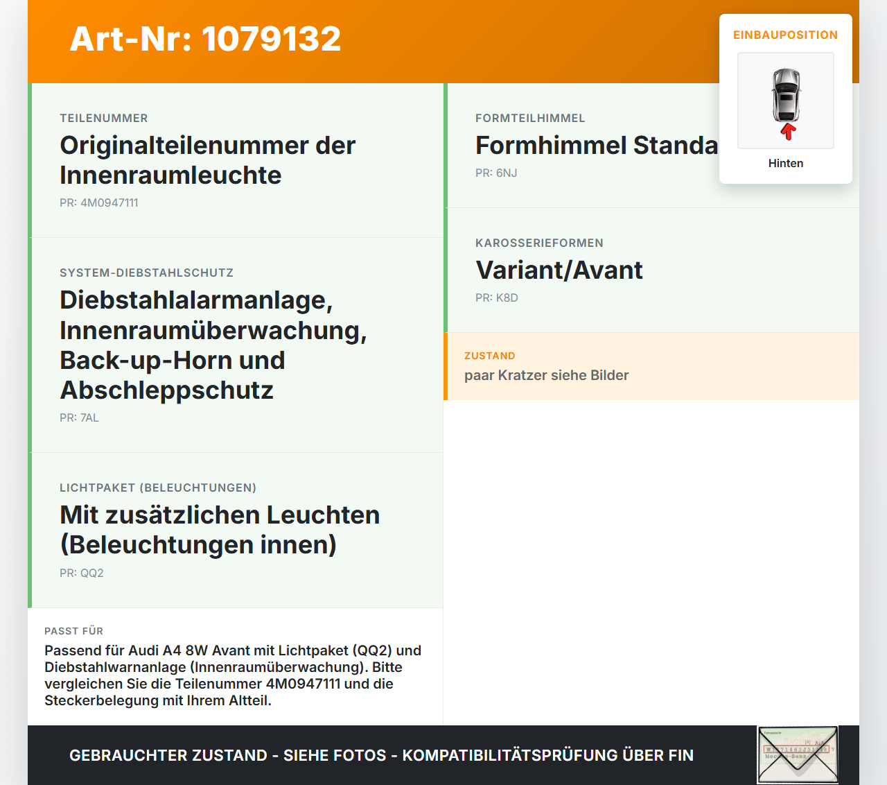 Audi A4 8W 15-19 Innenleuchte Innenraumleuchte Hinten Audi A4 8W 15-19 27.06.2016 4M0947111 197586-00 8W0947111... Vorschau 3