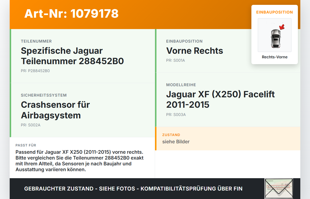 Jaguar XF X250 11-15 Airbagsensor Crashsensor Sensor Vorne Rechts Jaguar XF X250 11-15 25.06.2012 BJ32-14C676-AA... Vorschau 3