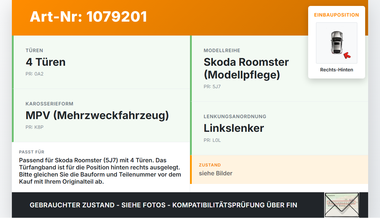 Skoda Roomster 5J 5J7 10-15 Kombi Türfangband Türbremse Türanschlag Rechts Hinten Skoda Roomster 5J 5J7 10-15... Vorschau 3