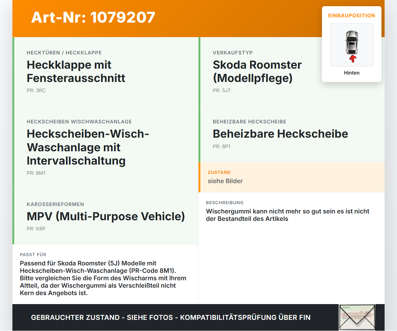 Skoda Roomster 5J 5J7 10-15 Kombi Heckwischer Scheibenwischer Hinten Wischarm Skoda Roomster 5J 5J7 10-15... Vorschau 3