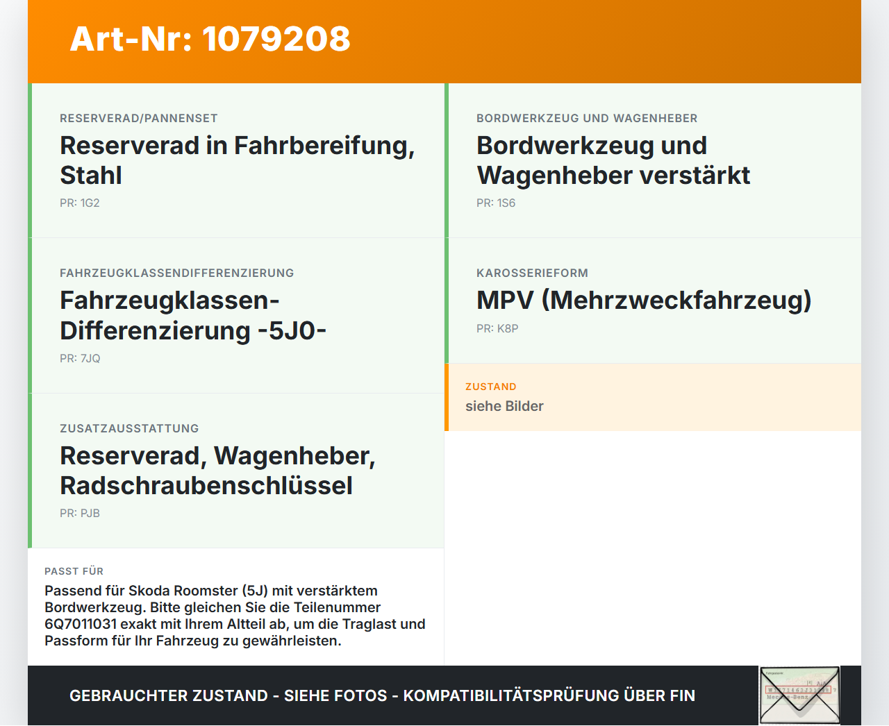 Skoda Roomster 5J 5J7 10-15 Wagenheber Skoda Roomster 5J 5J7 10-15 09.09.2011 6Q7011031 gebraucht Vorschau 3