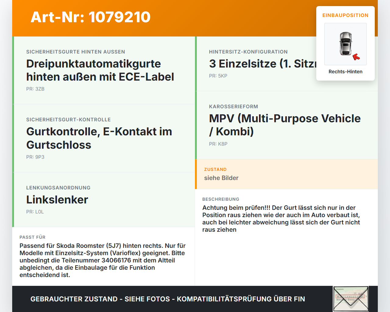 Skoda Roomster 5J 5J7 10-15 Kombi Gurt Sicherheitsgurt Rechts Hinten Skoda Roomster 5J 5J7 10-15 09.09.2011... Vorschau 3