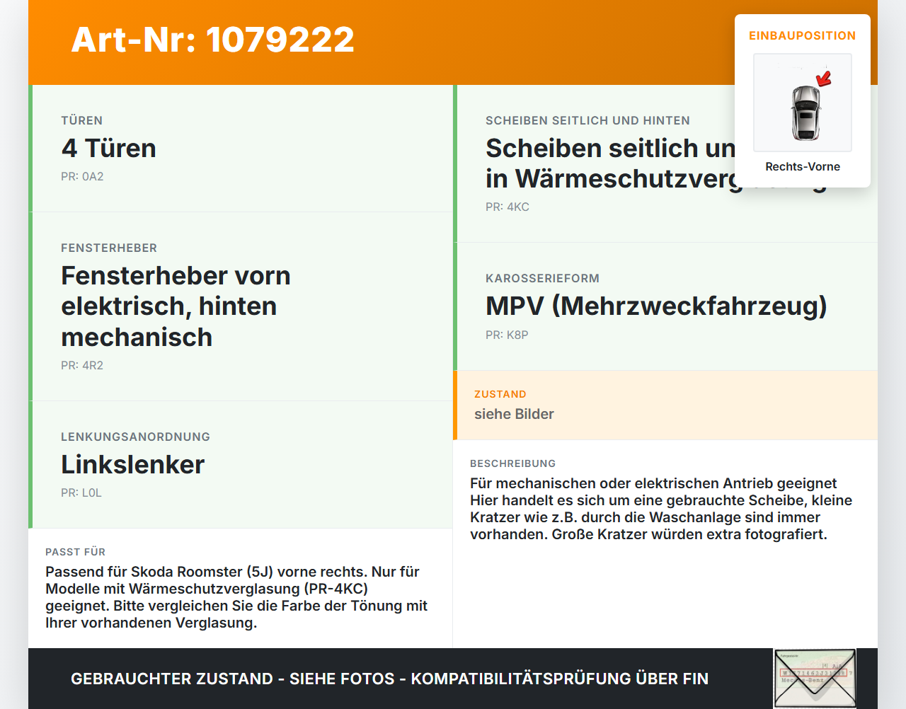 Skoda Roomster 5J 5J7 10-15 Kombi RVK Seitenscheibe für Tür Türscheibe Rechts Vorne Skoda Roomster 5J 5J7 10-15... Vorschau 3