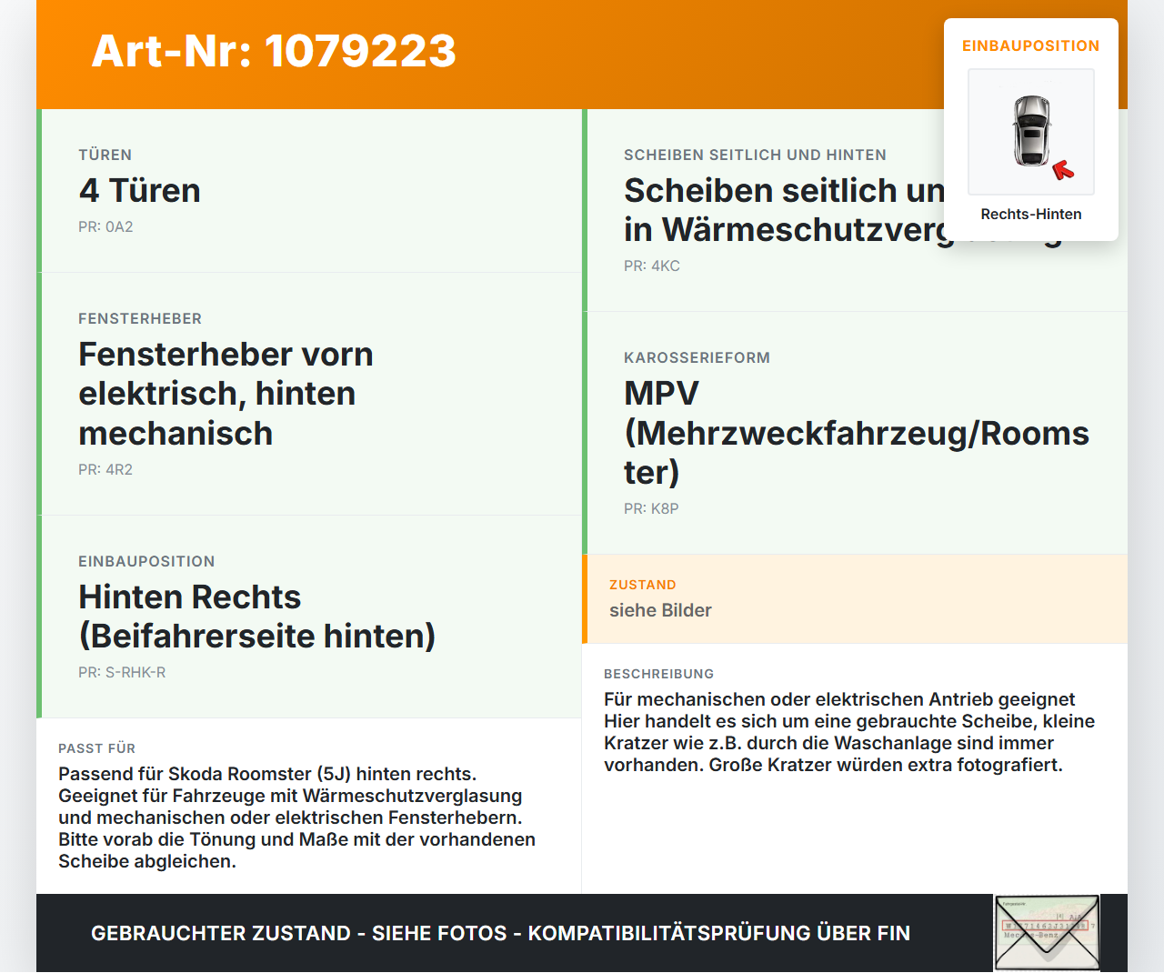 Skoda Roomster 5J 5J7 10-15 Kombi RHK Seitenscheibe für Tür Türscheibe Rechts Hinten Orig. getönt Skoda Roomster 5J... Vorschau 3