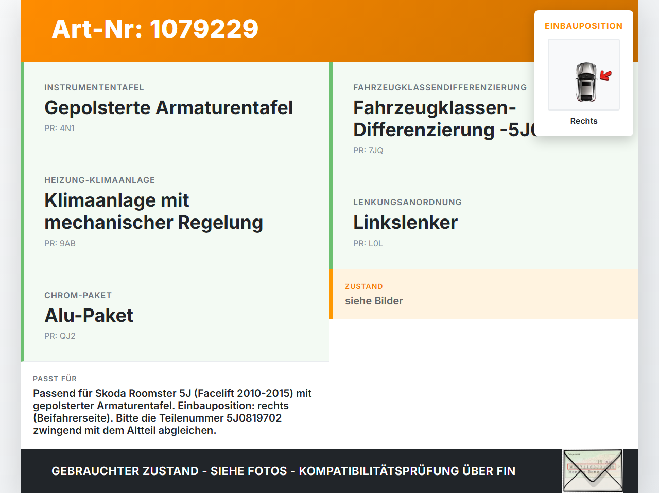Skoda Roomster 5J 5J7 10-15 Luftdusche Luftdüse Rechts Skoda Roomster 5J 5J7 10-15 09.09.2011 5J0819702 gebraucht Vorschau 3