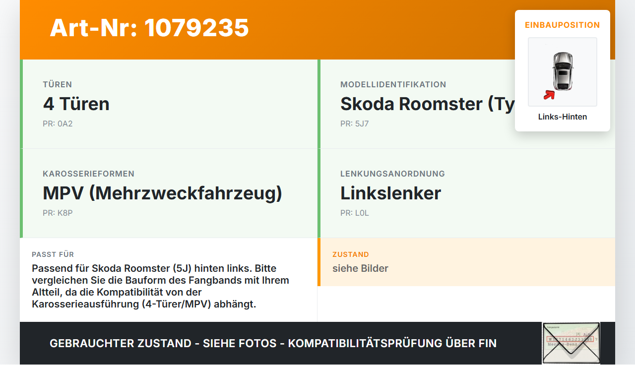 Skoda Roomster 5J 5J7 10-15 Kombi Türfangband  Türbremse Türanschlag Links Hinten Skoda Roomster 5J 5J7 10-15... Vorschau 3