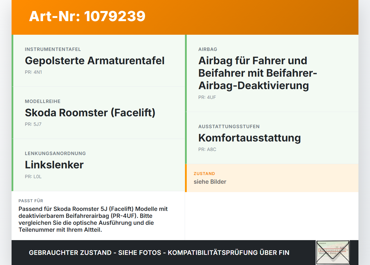 Skoda Roomster 5J 5J7 10-15 Schalter Passenger Airbag Off Skoda Roomster 5J 5J7 10-15 09.09.2011 gebraucht Vorschau 3