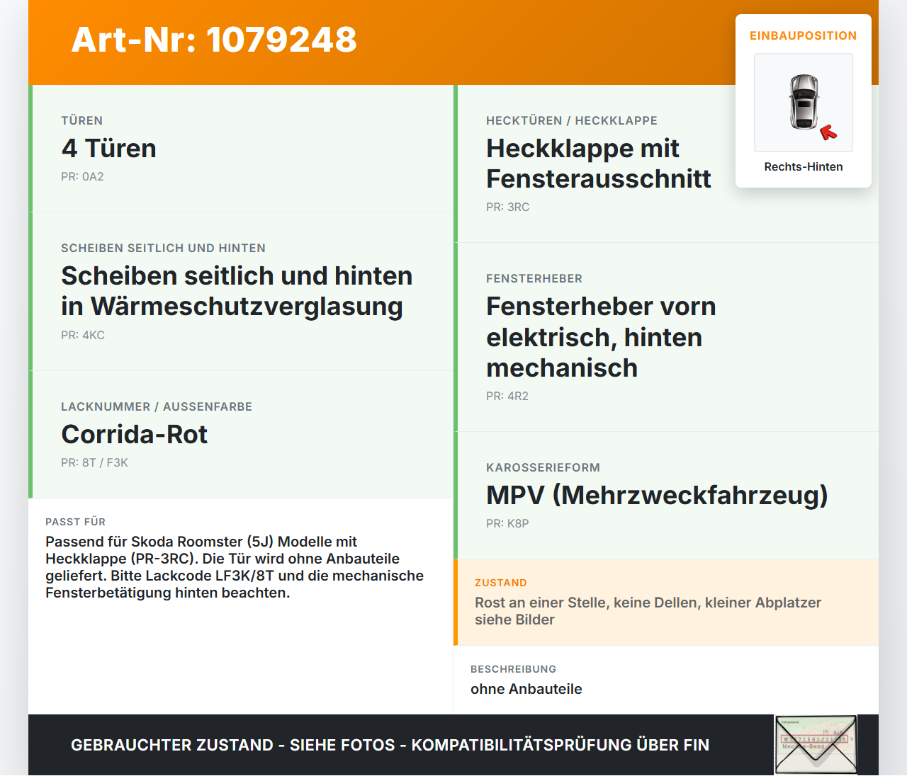 Skoda Roomster 5J 5J7 10-15 Kombi Tür Rechts Hinten LF3K Skoda Roomster 5J 5J7 10-15 09.09.2011 gebraucht Vorschau 3