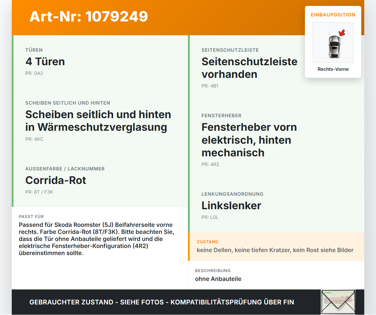 Skoda Roomster 5J 5J7 10-15 Kombi Tür Beifahrertür Rechts Vorne LF3K Skoda Roomster 5J 5J7 10-15 09.09.2011 gebraucht Vorschau 3