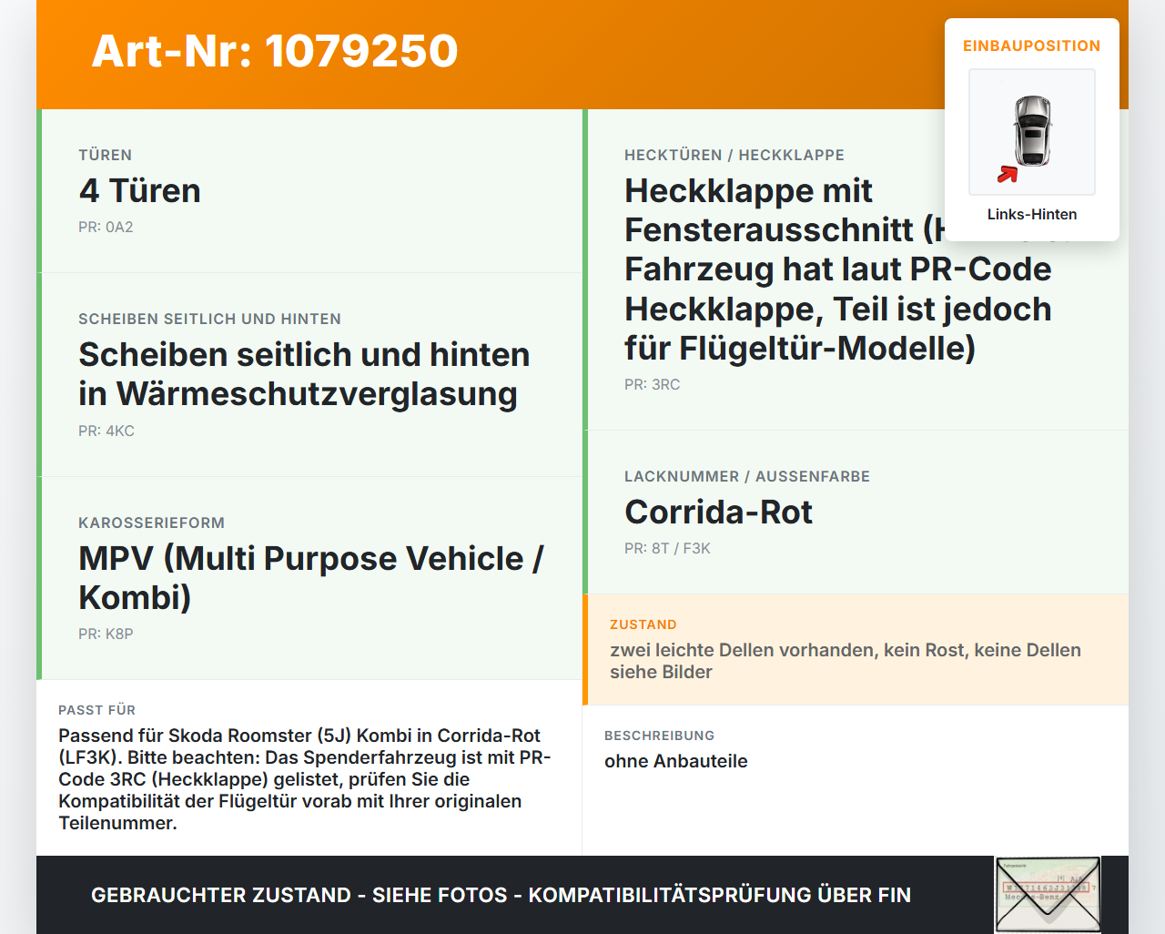 Skoda Roomster 5J 5J7 10-15 Kombi Tür Links Hinten LF3K Skoda Roomster 5J 5J7 10-15 09.09.2011 gebraucht Vorschau 3