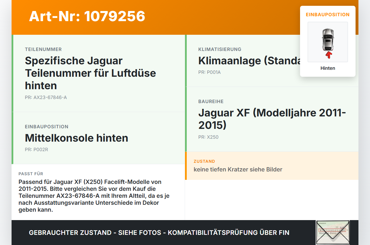 Jaguar XF X250 11-15 Luftdusche Luftdüse Mitte Hinten Jaguar XF X250 11-15 25.06.2012 AX23-67846-A gebraucht Vorschau 3