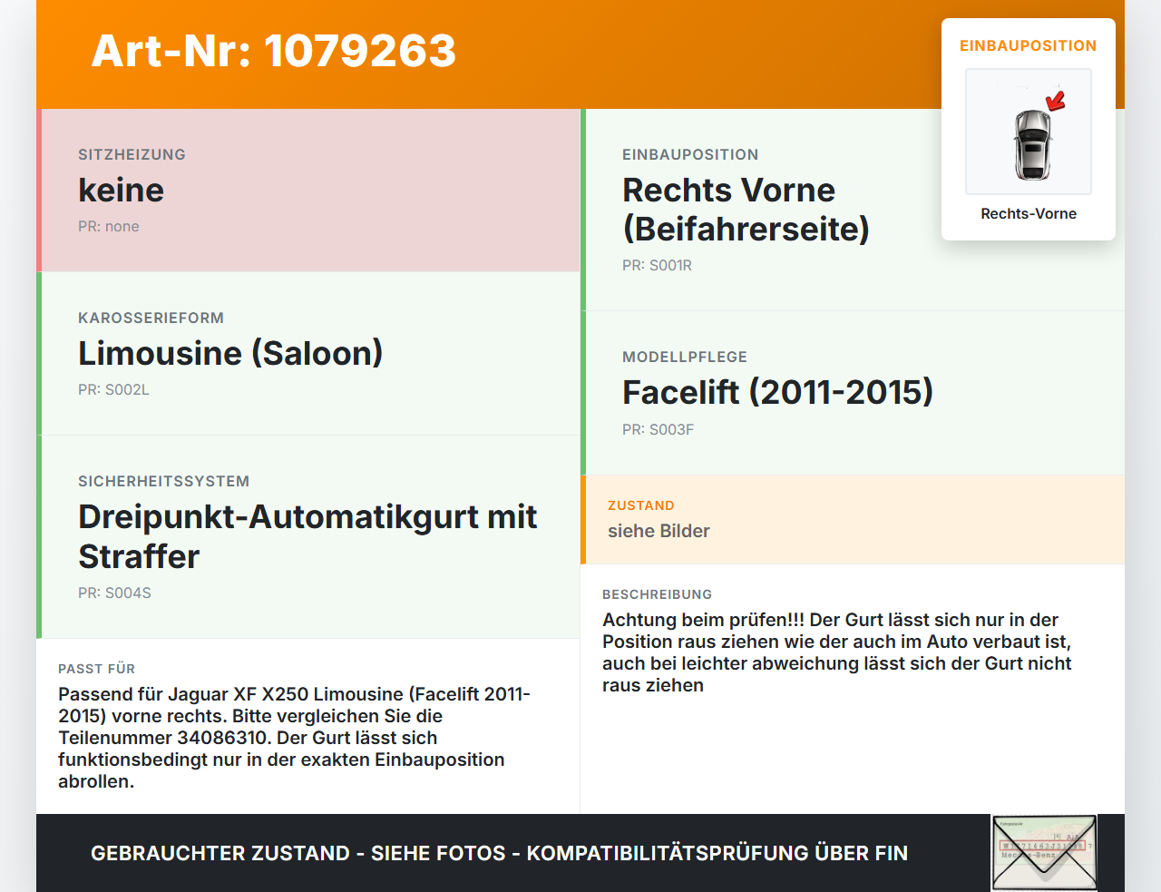Jaguar XF X250 11-15 Lim Gurt Sicherheitsgurt Rechts Vorne Jaguar XF X250 11-15 25.06.2012 9X22-F611B08-AD8PVJ... Vorschau 3