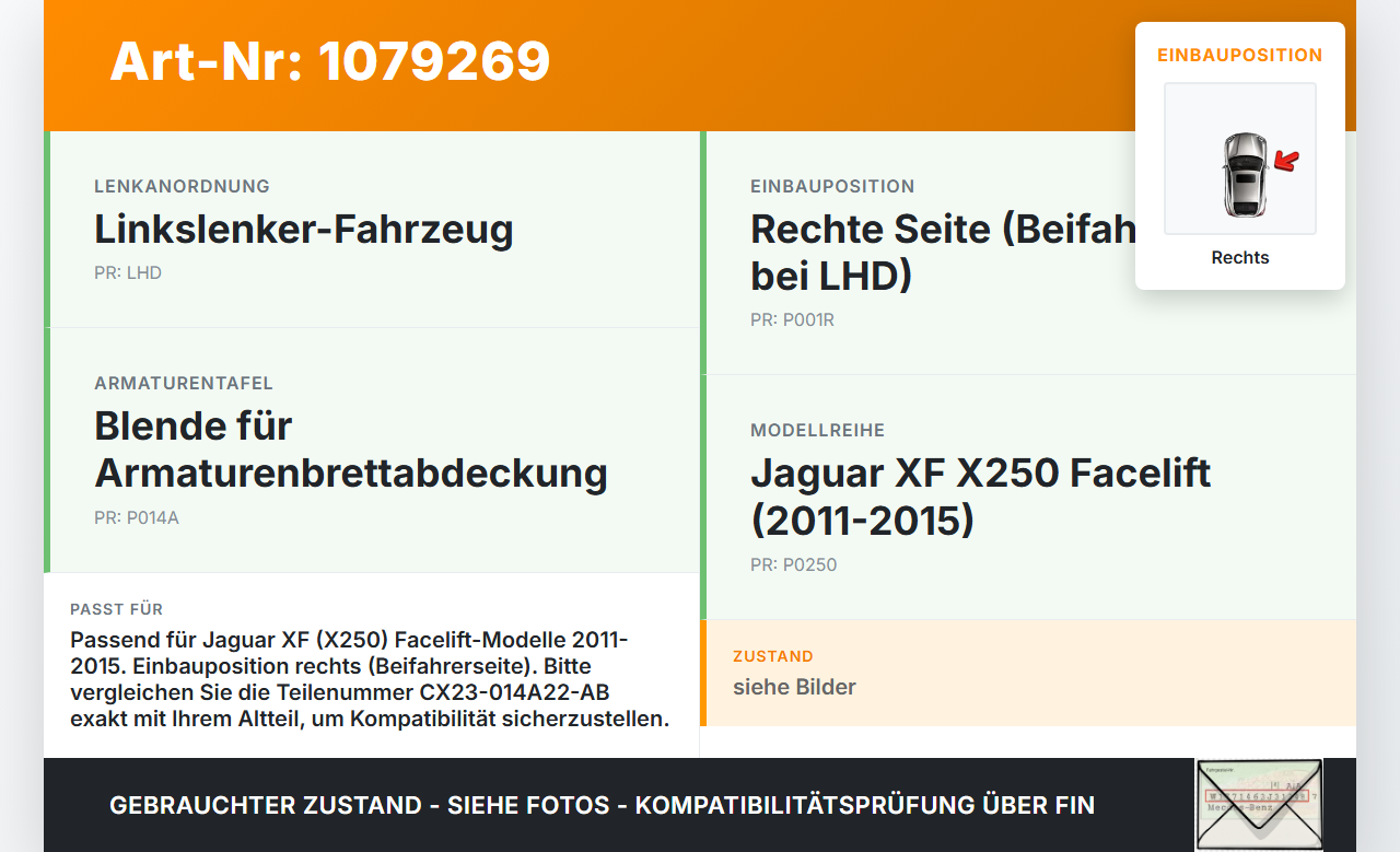 Jaguar XF X250 11-15 Blende für Armaturenbrett Abdeckung Rechts Jaguar XF X250 11-15 25.06.2012 CX23-014A22-AB gebraucht Vorschau 3