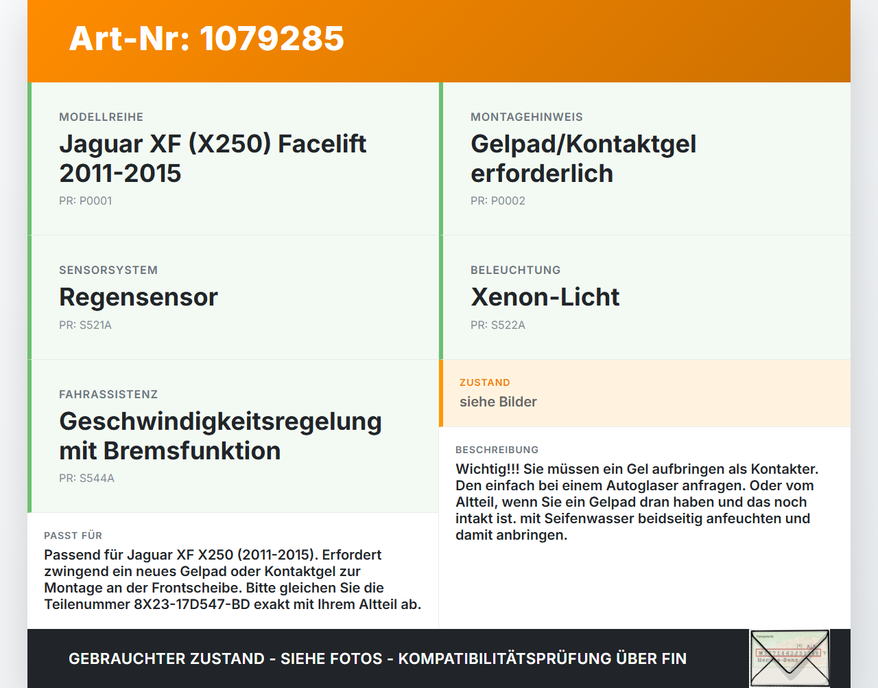 Jaguar XF X250 11-15 Regensensor Jaguar XF X250 11-15 25.06.2012 8X23-17D547-BD 321328000 gebraucht Vorschau 3