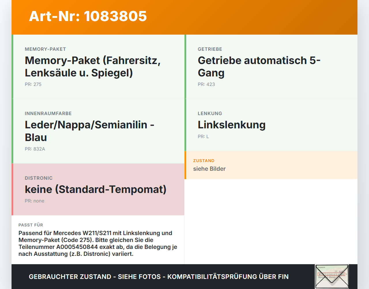 Mercedes S211 E500 02-06 Lenkstockschalter für Tempomat Bedienung Mercedes S211 E500 02-06 01.07.2004 A0085452324... Vorschau 3