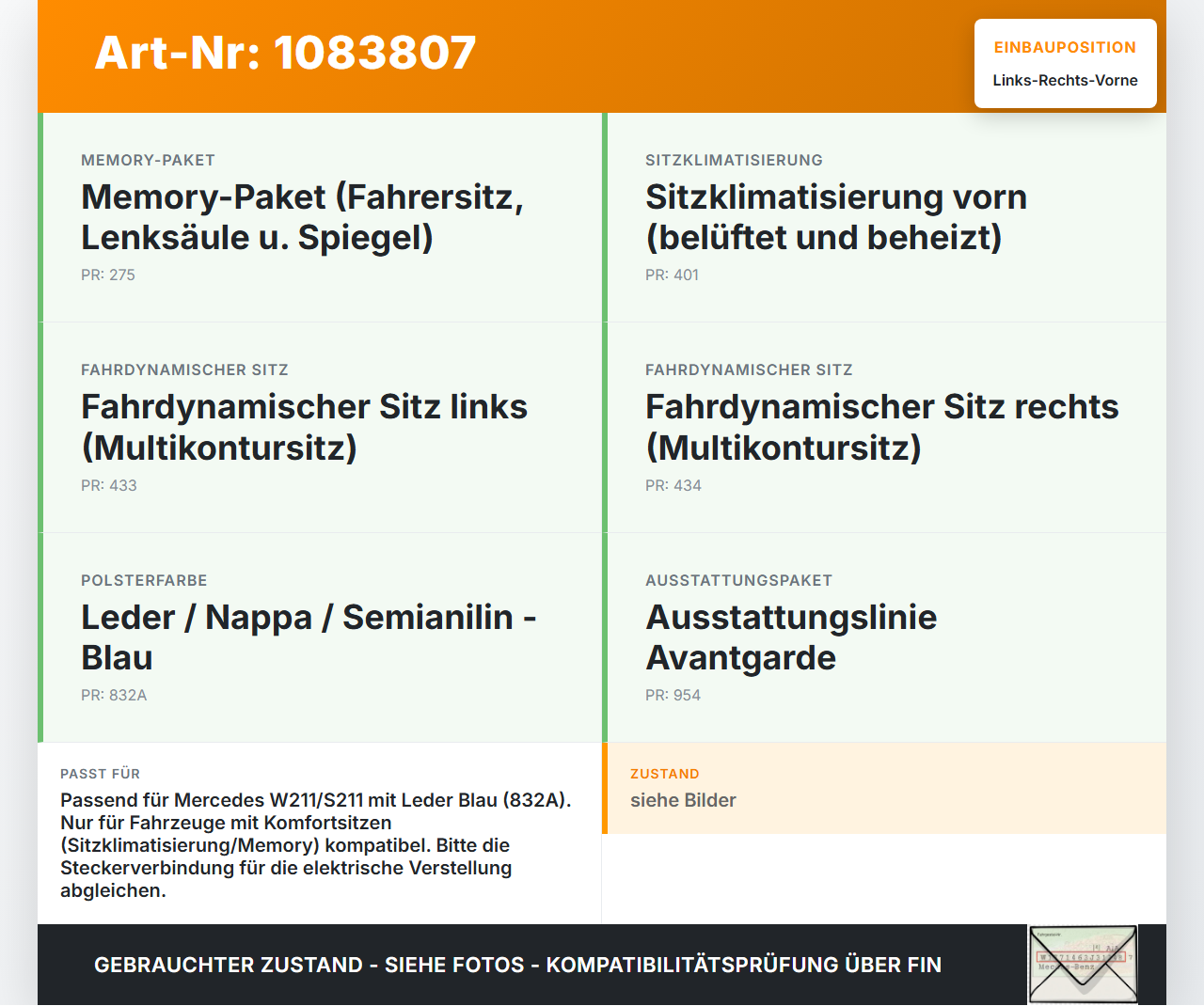 Mercedes S211 E500 02-06 Kopfstütze für Fahrer Sitz Rechts oder Links Vorne Mercedes S211 E500 02-06 01.07.2004... Vorschau 3