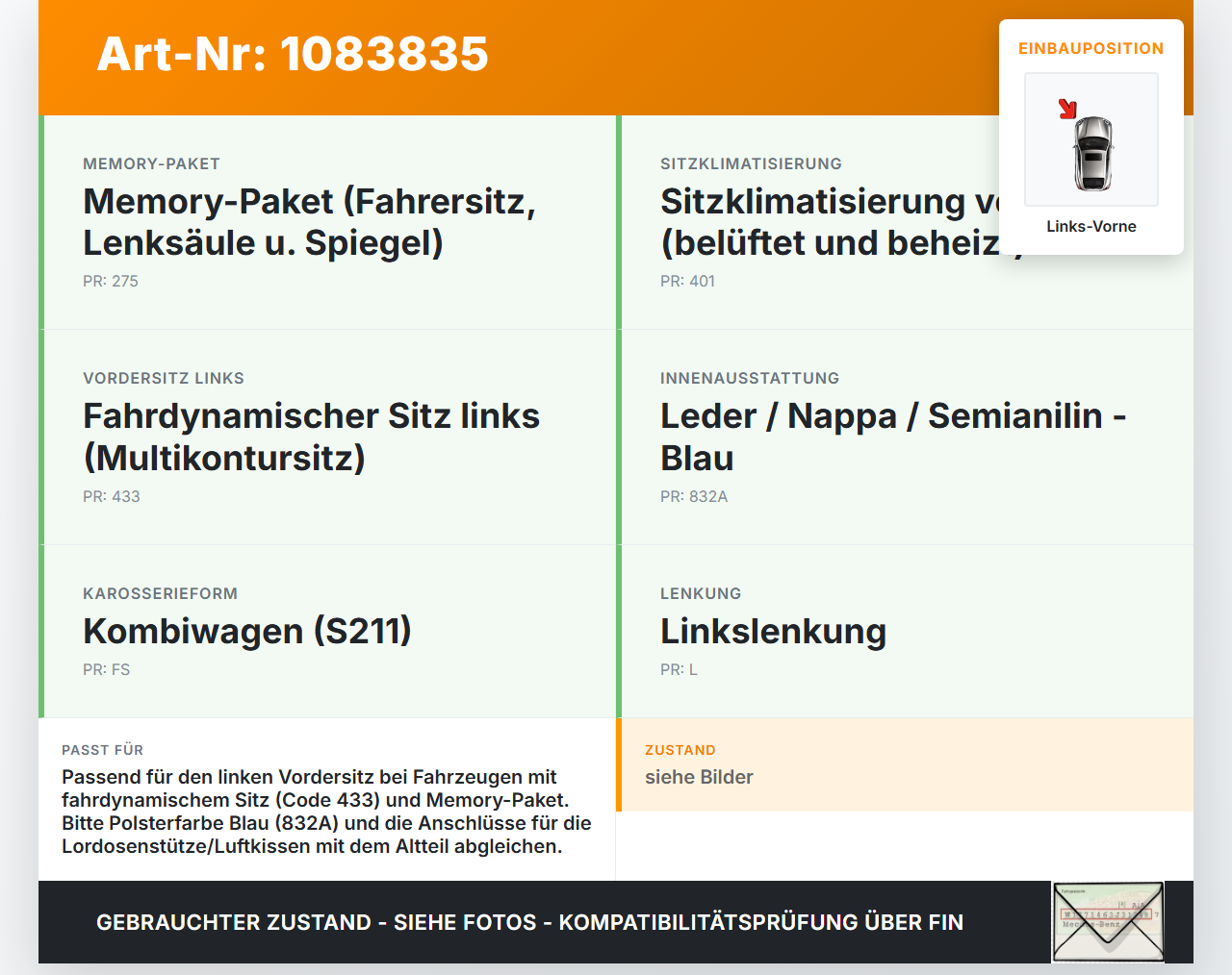Mercedes S211 E500 02-06 5,0 225KW Lordosenkissen für Fahrer Sitz Links Vorne Mercedes S211 E500 02-06 01.07.2004... Vorschau 3