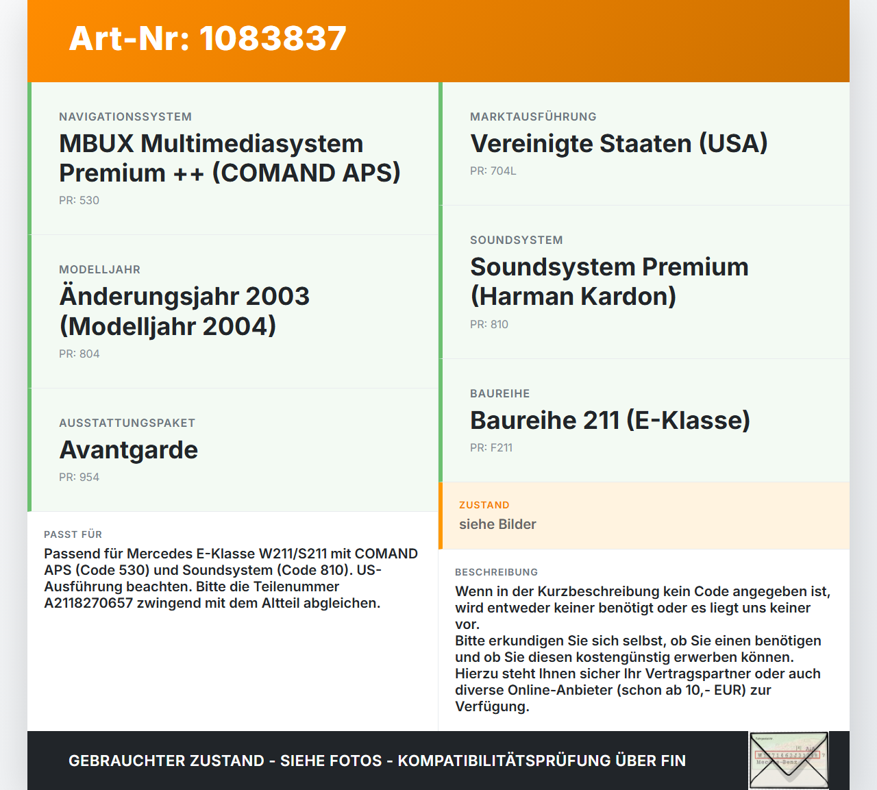 Mercedes S211 E500 02-06 Navigationssystem Comand APS BE7024 Radio Navi Mercedes S211 E500 02-06 01.07.2004... Vorschau 3