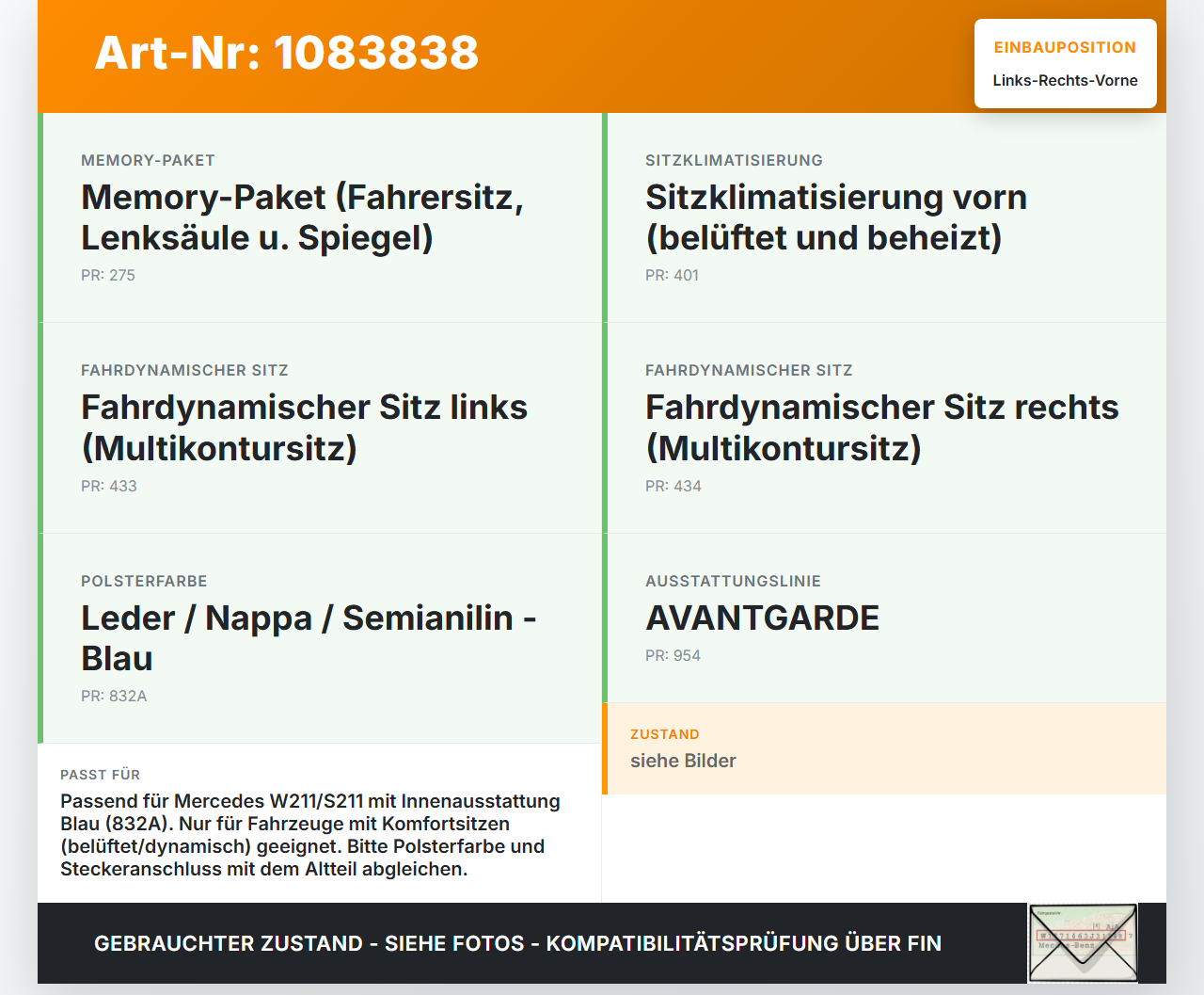 Mercedes S211 E500 02-06 Kombi Kopfstütze für Beifahrer Sitz Rechts oder Links Vorne Mercedes S211 E500 02-06... Vorschau 3