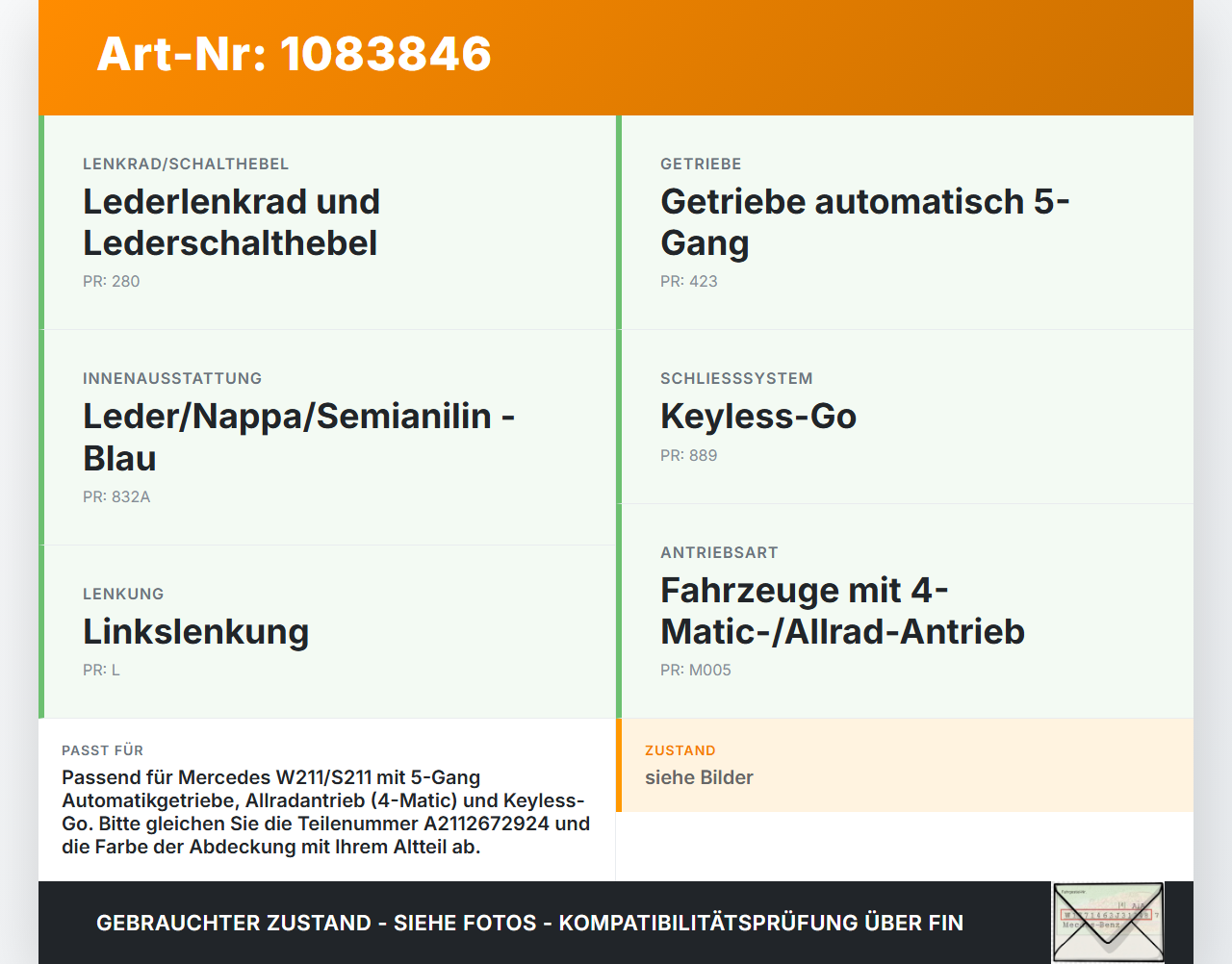 Mercedes S211 E500 02-06 5,0 225KW Autom Schaltkulisse Schalthebel Mercedes S211 E500 02-06 01.07.2004 A2112673724... Vorschau 3