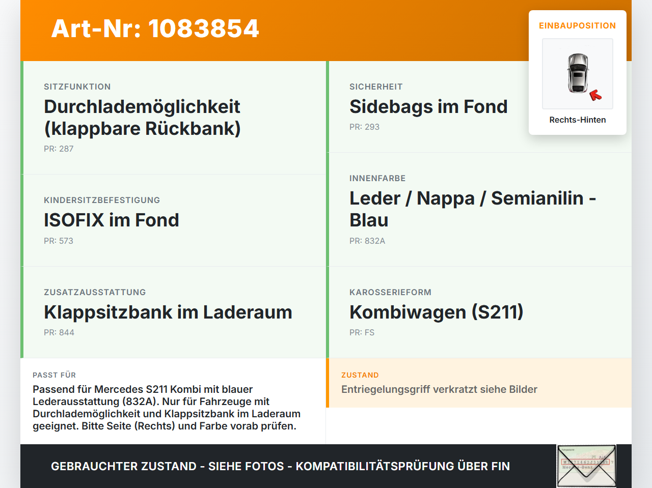 Mercedes S211 E500 02-06 Kombi Leder Rückenpolster Rechts f. Rücksitzbank Hinten Mercedes S211 E500 02-06... Vorschau 3