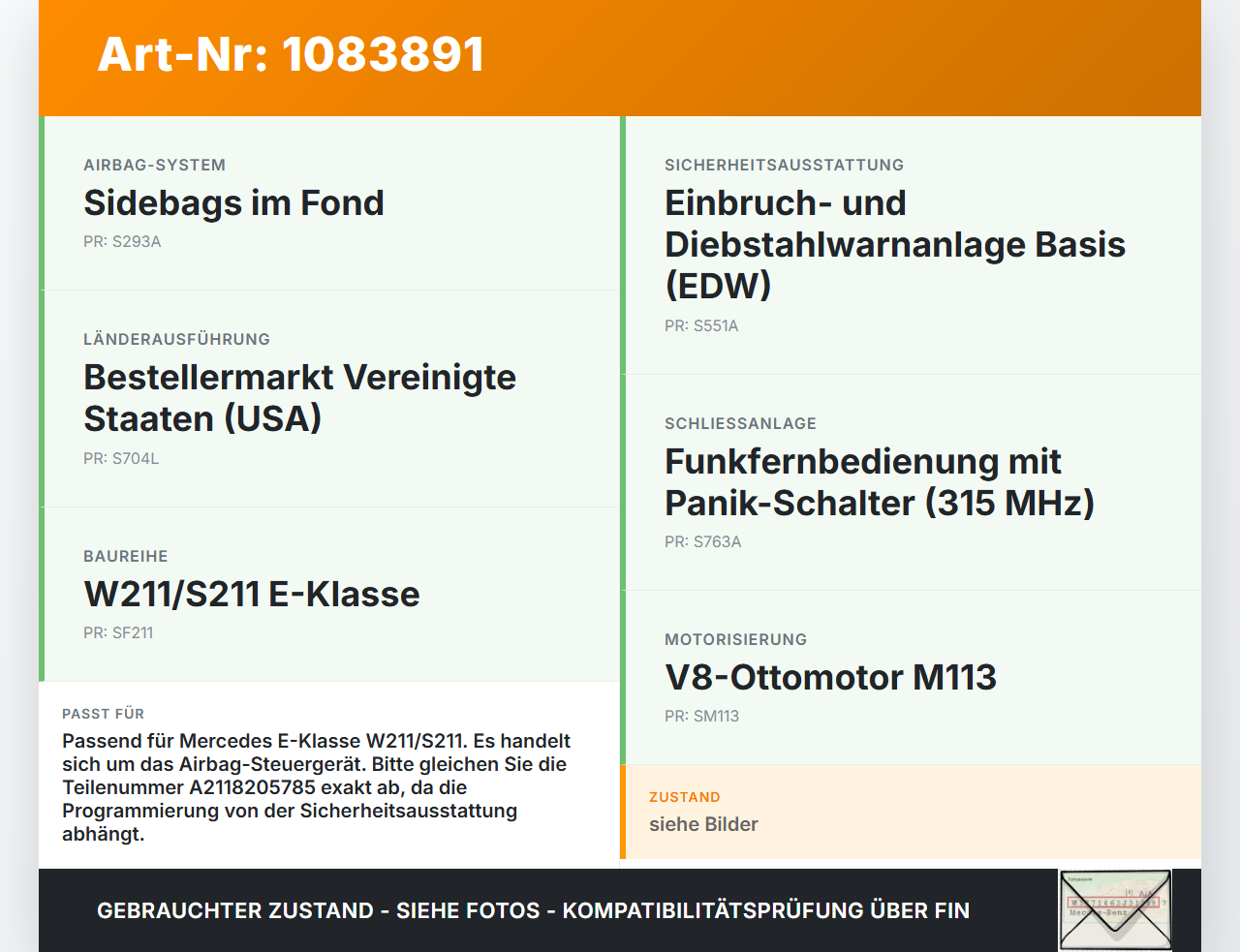Mercedes S211 E500 02-06 Airbag SG ECU Steuergerät Mercedes S211 E500 02-06 01.07.2004 A2118205785 gebraucht Vorschau 3