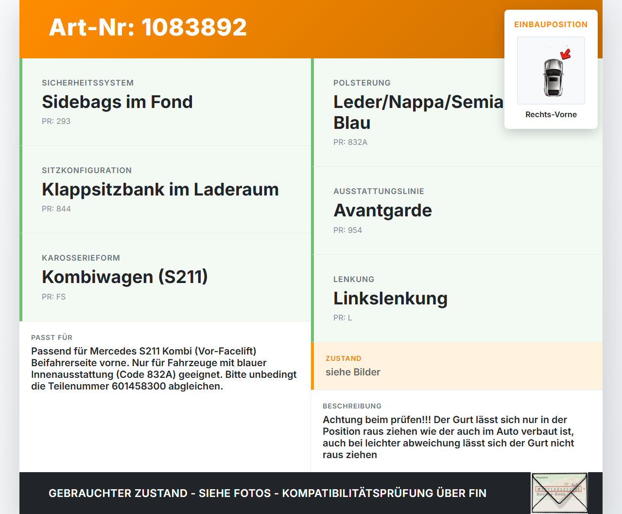Mercedes S211 E500 02-06 Kombi Gurt Sicherheitsgurt Gurtstraffer Beifahrer Rechts Vorne Mercedes S211 E500 02-06... Vorschau 3