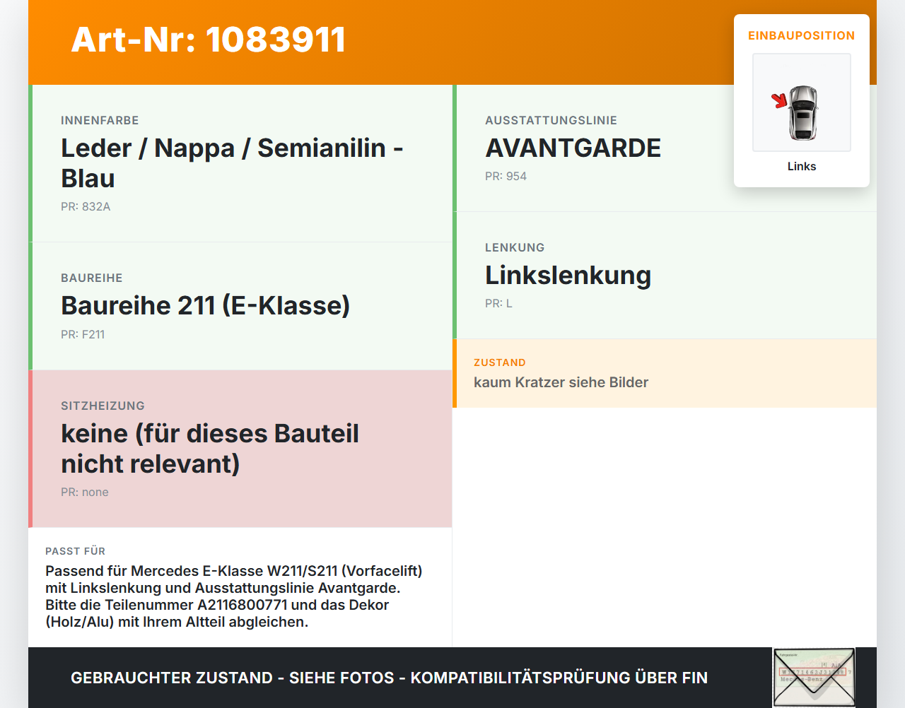 Mercedes S211 E500 02-06 Blende Zierleiste Armaturenbrett Links Mercedes S211 E500 02-06 01.07.2004 A2116800771... Vorschau 3
