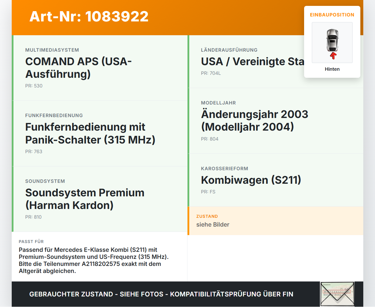Mercedes S211 E500 02-06 Antennenverstärker Weiche Antenne Mitte Hinten Mercedes S211 E500 02-06 01.07.2004... Vorschau 3